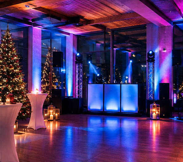 DJ-Bereich mit professioneller Licht- und Tontechnik bei einer Weihnachtsfeier